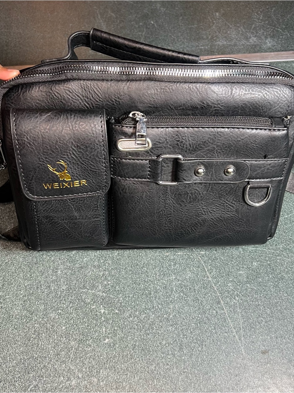 WEIXIER Black Men's Leather Messenger Bag with Front Pouch